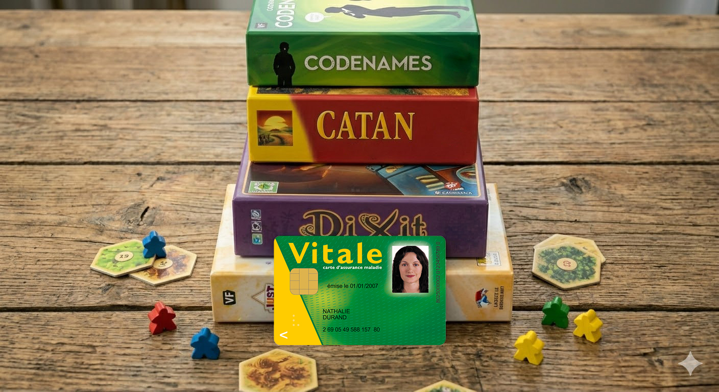 Des jeux de société — Catan, Codenames, Dixit — empilés, surmontés d'une carte Vitale.
